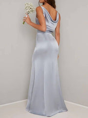 Sheath / Column V Neck Floor Length Satin Bridesmaid Dress with Ruching - RongMoon