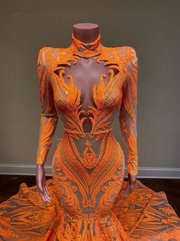 Orange Robe De Soiree Mermaid Long Sleeves Appliques Sequins Long Prom Dresses Prom Gown Evening Dresses - RongMoon
