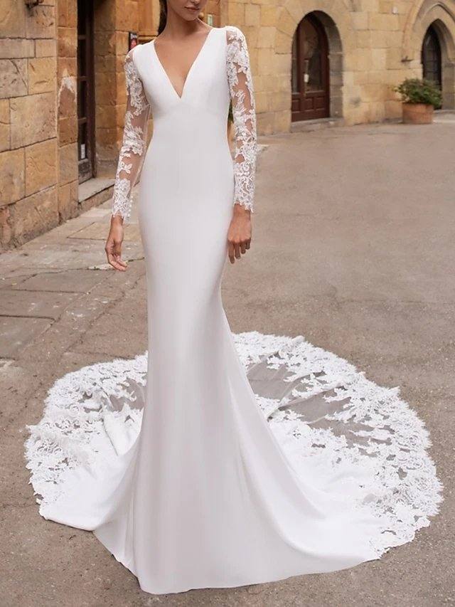 Mermaid / Trumpet Wedding Dresses V Neck Court Train Lace Stretch Satin Long Sleeve Plus Size Illusion Sleeve with Buttons - RongMoon
