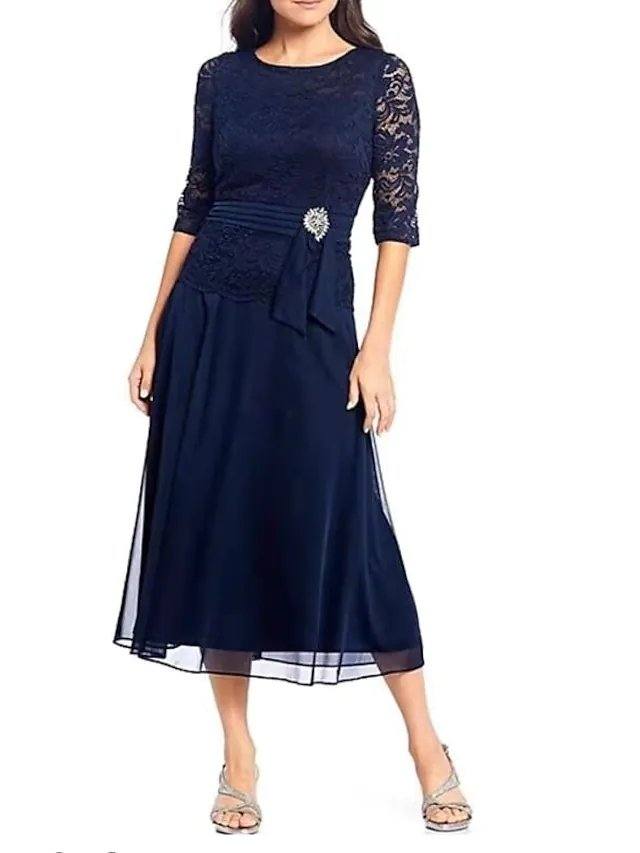 A-Line Mother of the Bride Dress Elegant Sexy Jewel Neck Ankle Length Chiffon Lace Half Sleeve with Sash / Ribbon Crystals - RongMoon