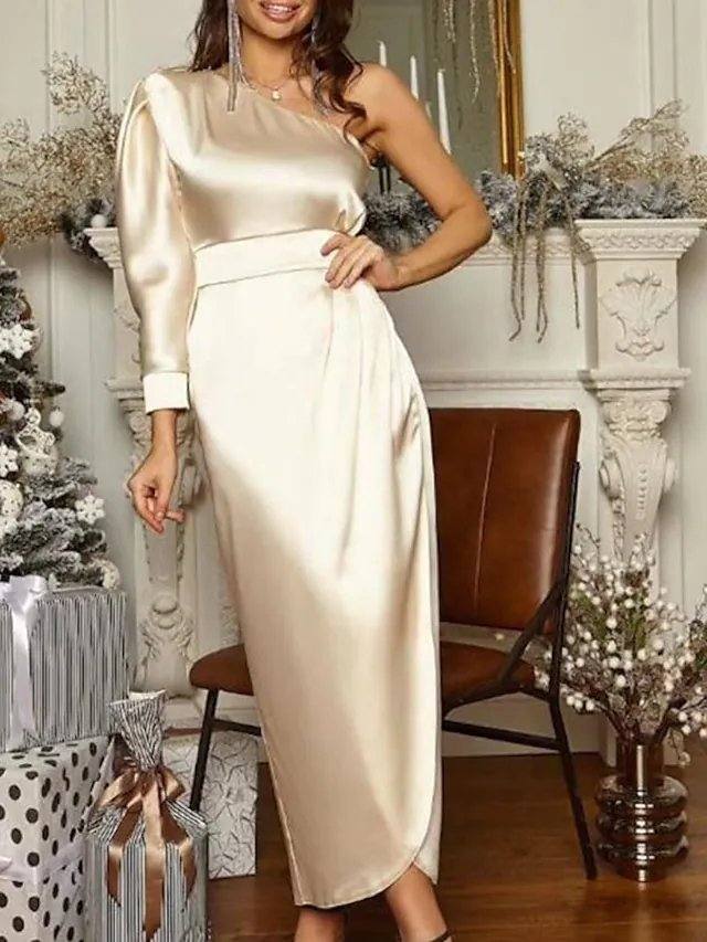 Sheath / Column Mother of the Bride Dress Elegant V Neck Tea Length Imitated Silk Long Sleeve with Split Front - RongMoon