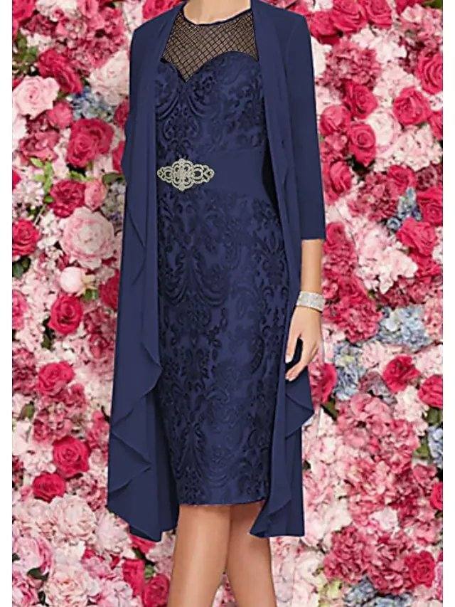 Sheath / Column Mother of the Bride Dress Plus Size Elegant Jewel Neck Knee Length Chiffon Lace 3/4 Length Sleeve with Appliques - RongMoon