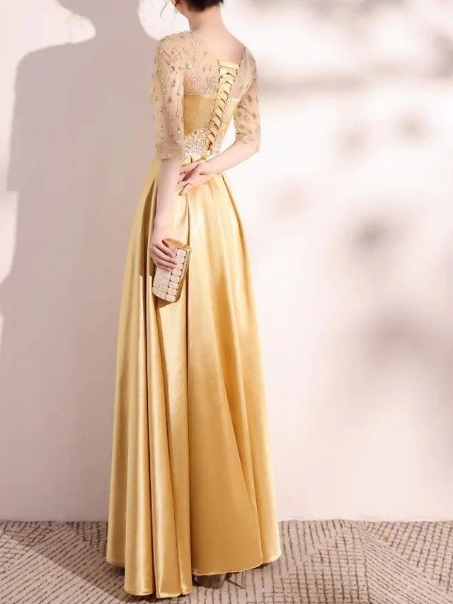 A-Line Elegant Homecoming Formal Evening Dress Jewel Neck Half Sleeve Floor Length Satin with Appliques - RongMoon