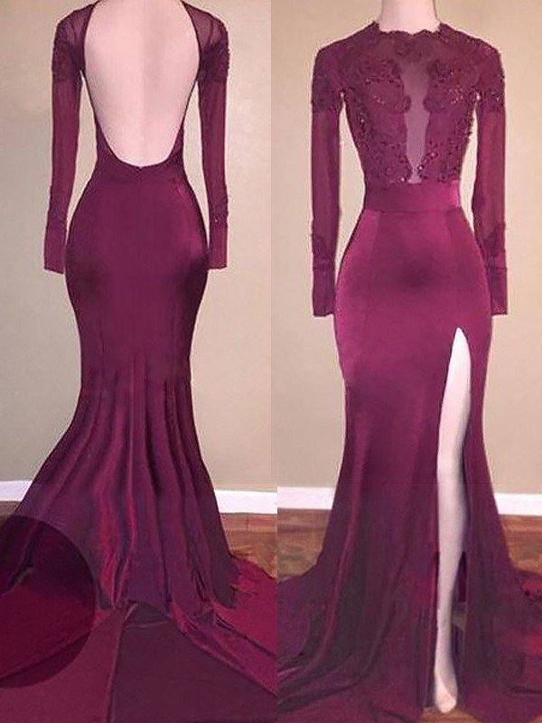 Trumpet/Mermaid Scoop Satin Long Sleeves Applique Sweep/Brush Train Dresses - RongMoon
