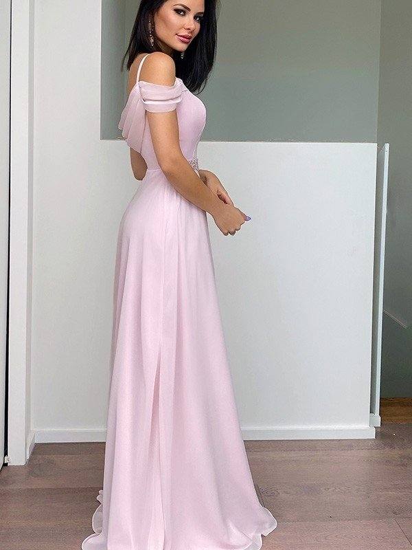 A-Line/Princess Chiffon Beading Straps Sleeveless Floor-Length Dresses - RongMoon