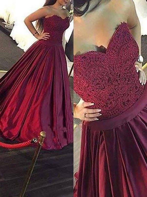 Ball Gown Sleeveless Sweetheart Lace Floor-Length Satin Dresses - RongMoon