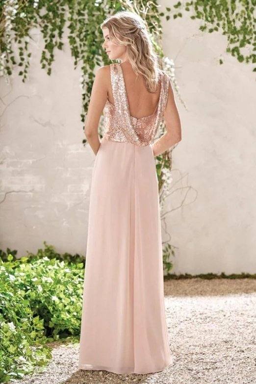 Rose Gold Bridesmaid Dresses For Women A-line Chiffon Sequins Backless Long Cheap Under 50 Wedding Party Dresses - RongMoon