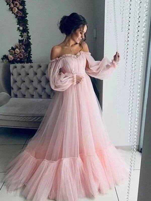 A-Line/Princess Tulle Applique Off-the-Shoulder Long Sleeves Floor-Length Dresses - RongMoon
