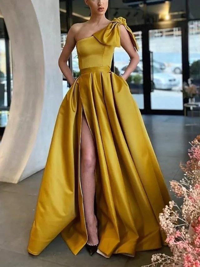 A-Line Vintage Sexy Party Wear Formal Evening Dress One Shoulder Sleeveless Sweep / Brush Train Satin with Bow(s) Pleats Split - RongMoon