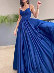 A-Line Minimalist Sexy Party Wear Prom Dress V Neck Spaghetti Strap Sleeveless Floor Length Lace Satin with Pleats Appliques - RongMoon
