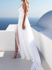 A-Line Wedding Dresses V Neck Court Train Chiffon Sleeveless Beach with Split Front - RongMoon
