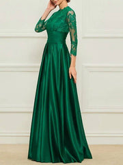 Sheath / Column Mother of the Bride Dress Elegant High Neck Floor Length Lace Satin 3/4 Length Sleeve with Sash / Ribbon Appliques - RongMoon