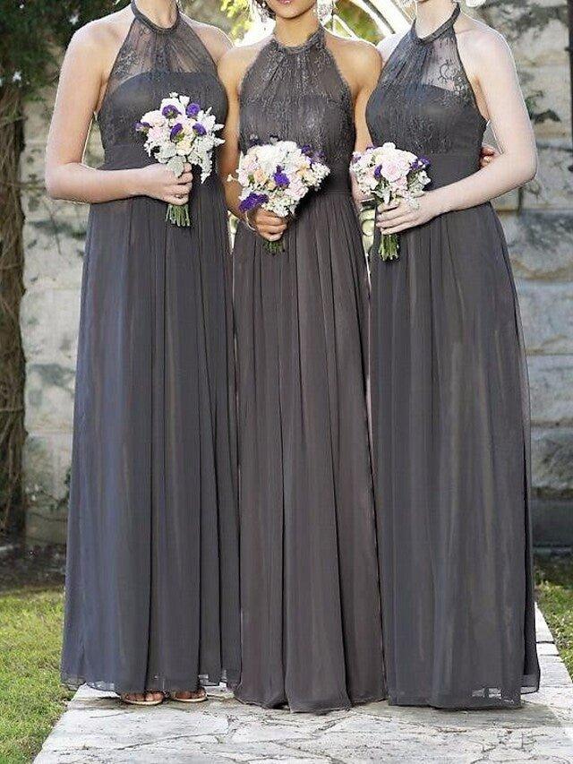 A-Line Bridesmaid Dress Halter Neck Sleeveless Elegant Floor Length Chiffon / Lace with Pleats / Appliques - RongMoon