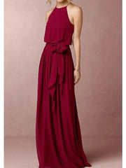A-Line Bridesmaid Dress Halter Neck Sleeveless Elegant Floor Length Chiffon with Bow(s) - RongMoon
