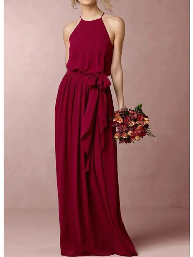 A-Line Bridesmaid Dress Halter Neck Sleeveless Elegant Floor Length Chiffon with Bow(s) - RongMoon