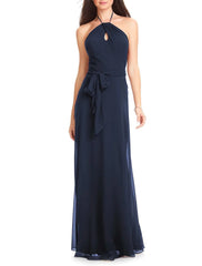 A-Line Bridesmaid Dress Halter Neck Sleeveless Elegant Floor Length Chiffon with Sash / Ribbon - RongMoon