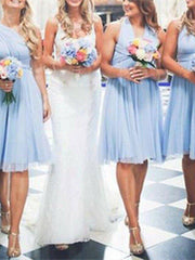 A-Line Bridesmaid Dress Halter Neck Sleeveless Sexy Knee Length Chiffon with Pleats - RongMoon