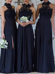 A-Line Bridesmaid Dress High Neck Long Sleeve Sexy Floor Length Chiffon / Lace with Appliques / Split Front - RongMoon