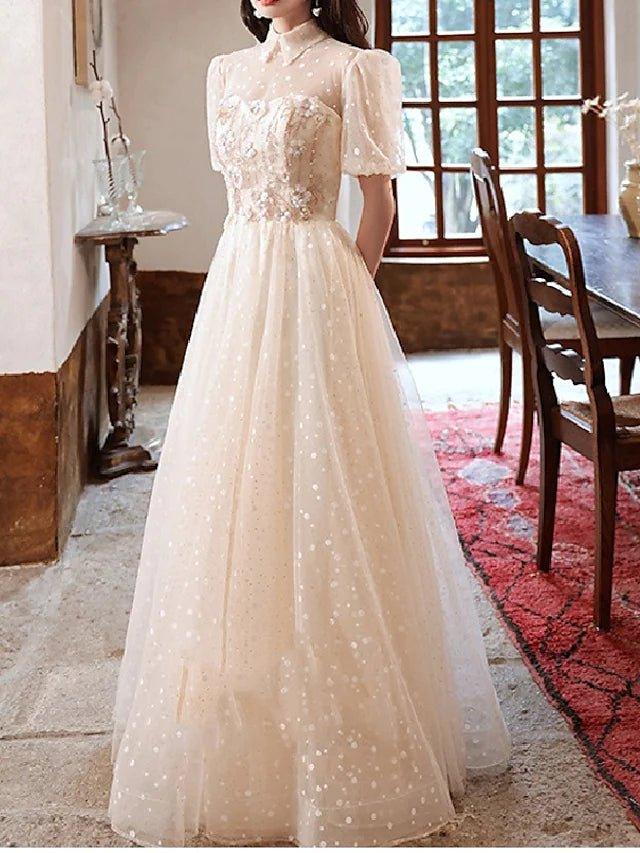 A-Line Bridesmaid Dress High Neck Short Sleeve Elegant Floor Length Tulle with Crystals / Appliques - RongMoon