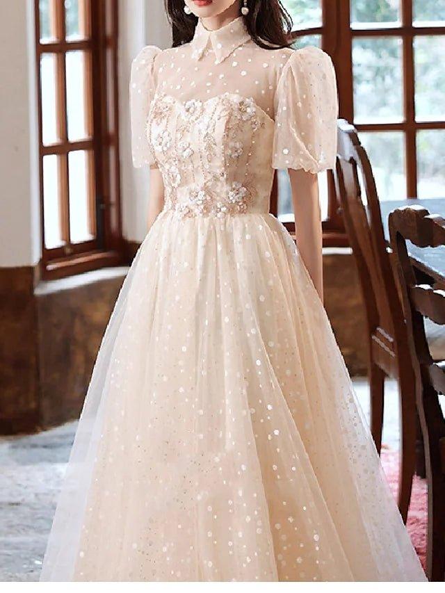 A-Line Bridesmaid Dress High Neck Short Sleeve Elegant Floor Length Tulle with Crystals / Appliques - RongMoon