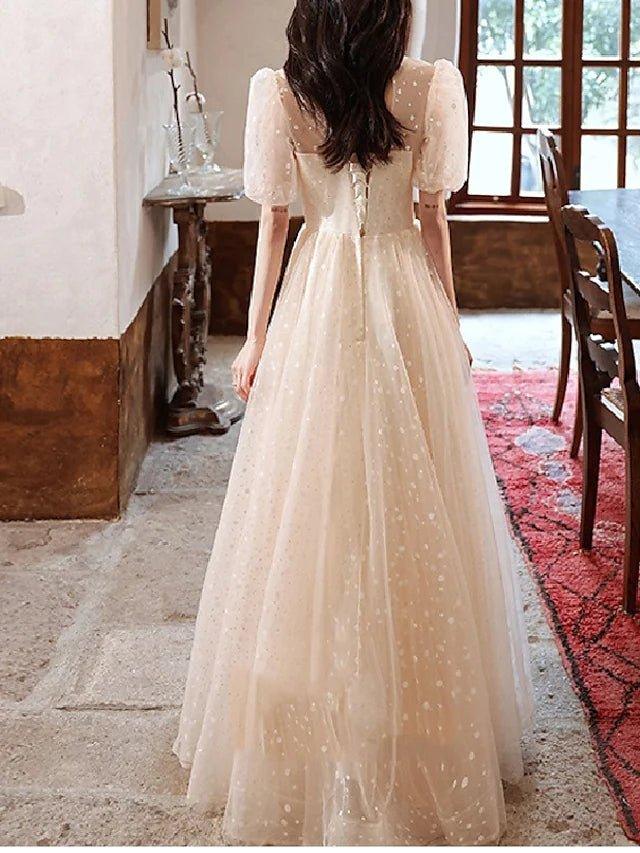 A-Line Bridesmaid Dress High Neck Short Sleeve Elegant Floor Length Tulle with Crystals / Appliques - RongMoon