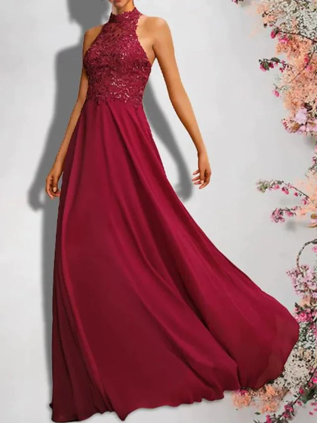A-Line Bridesmaid Dress High Neck Sleeveless Sexy Floor Length Chiffon / Lace with Sequin / Appliques - RongMoon