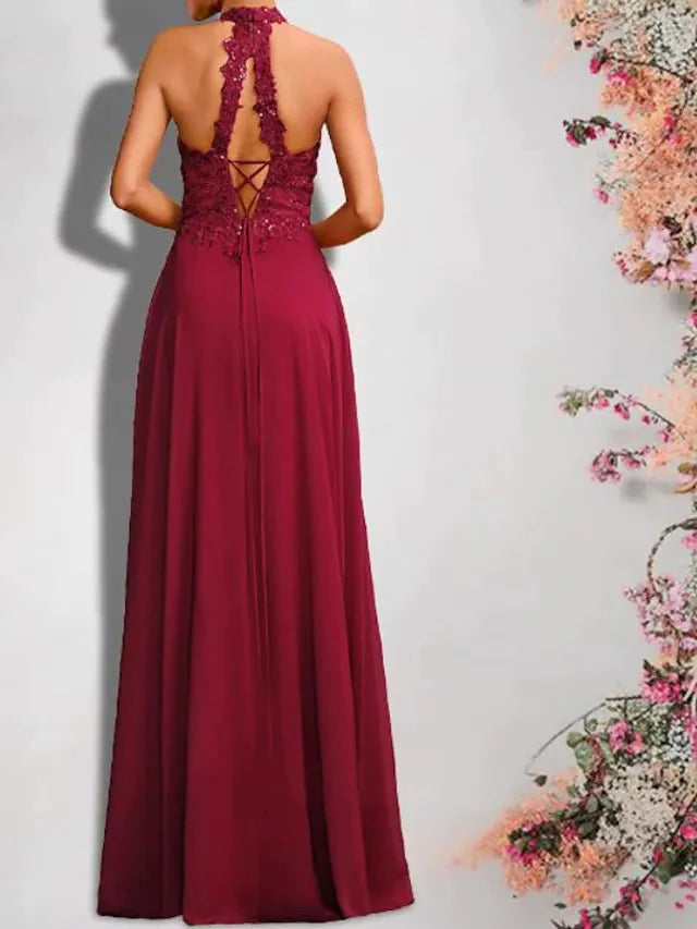 A-Line Bridesmaid Dress High Neck Sleeveless Sexy Floor Length Chiffon / Lace with Sequin / Appliques - RongMoon