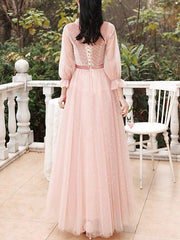 A-Line Bridesmaid Dress Jewel Neck 3/4 Length Sleeve Elegant Floor Length Tulle / Velvet with Bow(s) / Sequin - RongMoon