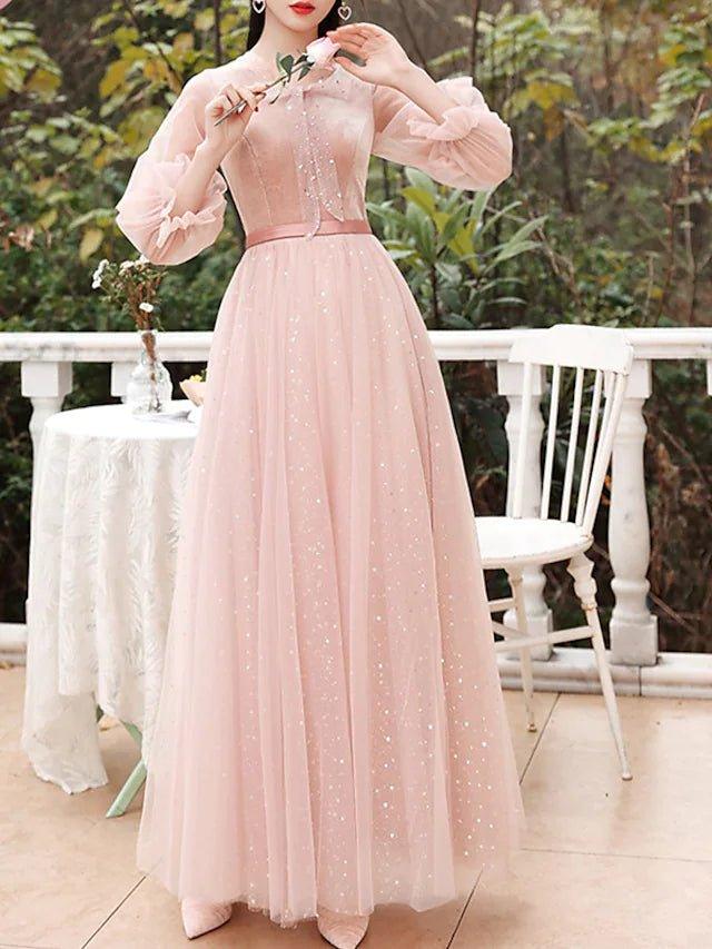 A-Line Bridesmaid Dress Jewel Neck 3/4 Length Sleeve Elegant Floor Length Tulle / Velvet with Bow(s) / Sequin - RongMoon