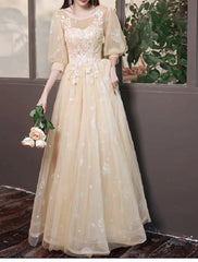 A-Line Bridesmaid Dress Jewel Neck 3/4 Length Sleeve Elegant Floor Length Tulle with Pleats / Appliques - RongMoon