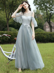 A-Line Bridesmaid Dress Jewel Neck Half Sleeve Elegant Floor Length Tulle with Sash / Ribbon / Appliques - RongMoon