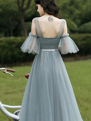 A-Line Bridesmaid Dress Jewel Neck Half Sleeve Elegant Floor Length Tulle with Sash / Ribbon / Appliques - RongMoon