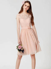 A-Line Bridesmaid Dress Jewel Neck Sleeveless Elegant Above Knee Chiffon / Lace with Pleats - RongMoon