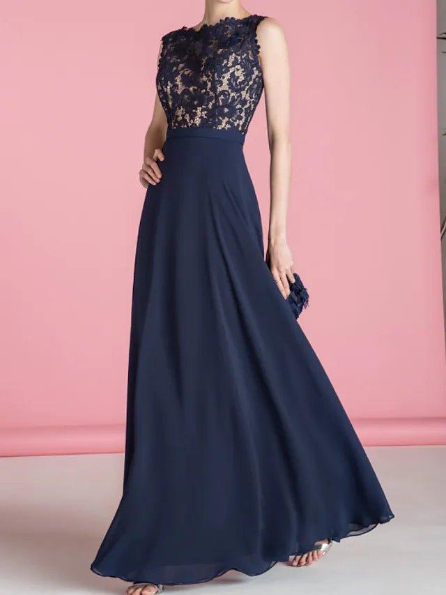 A-Line Bridesmaid Dress Jewel Neck Sleeveless Elegant Floor Length Chiffon / Lace with Appliques - RongMoon