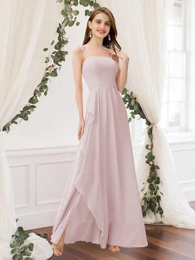 A-Line Bridesmaid Dress Jewel Neck Sleeveless Elegant Floor Length Chiffon with Pleats - RongMoon