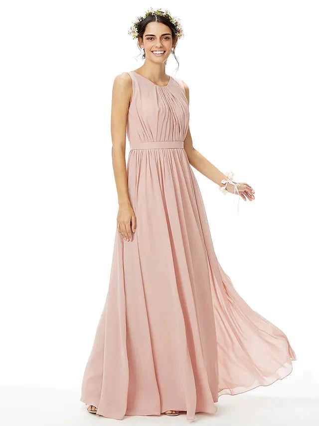 A-Line Bridesmaid Dress Jewel Neck Sleeveless Elegant Floor Length Chiffon with Sash / Ribbon / Pleats / Side Draping - RongMoon