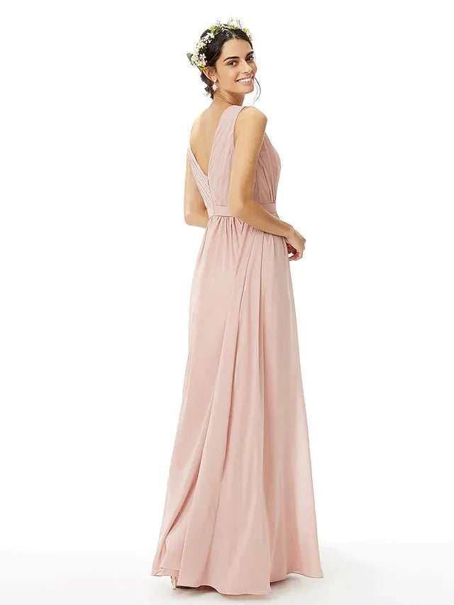 A-Line Bridesmaid Dress Jewel Neck Sleeveless Elegant Floor Length Chiffon with Sash / Ribbon / Pleats / Side Draping - RongMoon