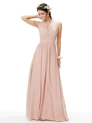 A-Line Bridesmaid Dress Jewel Neck Sleeveless Elegant Floor Length Chiffon with Sash / Ribbon / Pleats / Side Draping - RongMoon