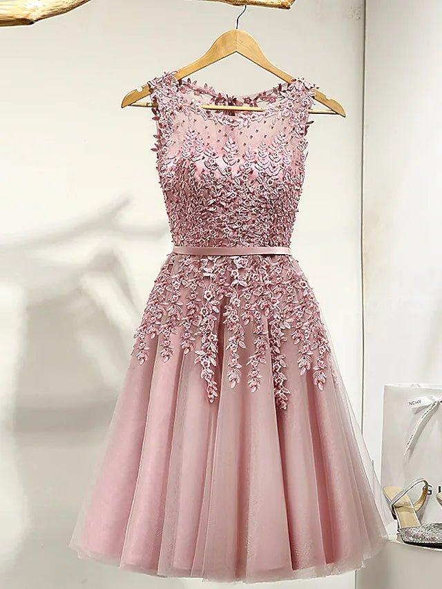 A-Line Bridesmaid Dress Jewel Neck Sleeveless Elegant Knee Length Lace / Tulle with Pleats / Appliques - RongMoon
