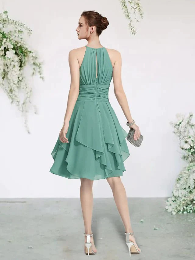 A-Line Bridesmaid Dress Jewel Neck Sleeveless Elegant Short / Mini Chiffon with Pleats / Cascading Ruffles - RongMoon
