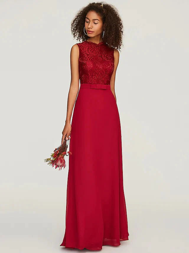 A-Line Bridesmaid Dress Jewel Neck Sleeveless Floor Length Chiffon / Lace with Sash / Ribbon / Bow(s) - RongMoon