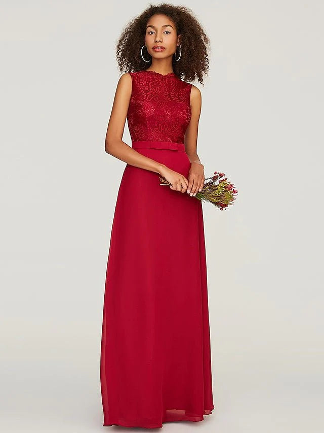 A-Line Bridesmaid Dress Jewel Neck Sleeveless Floor Length Chiffon / Lace with Sash / Ribbon / Bow(s) - RongMoon