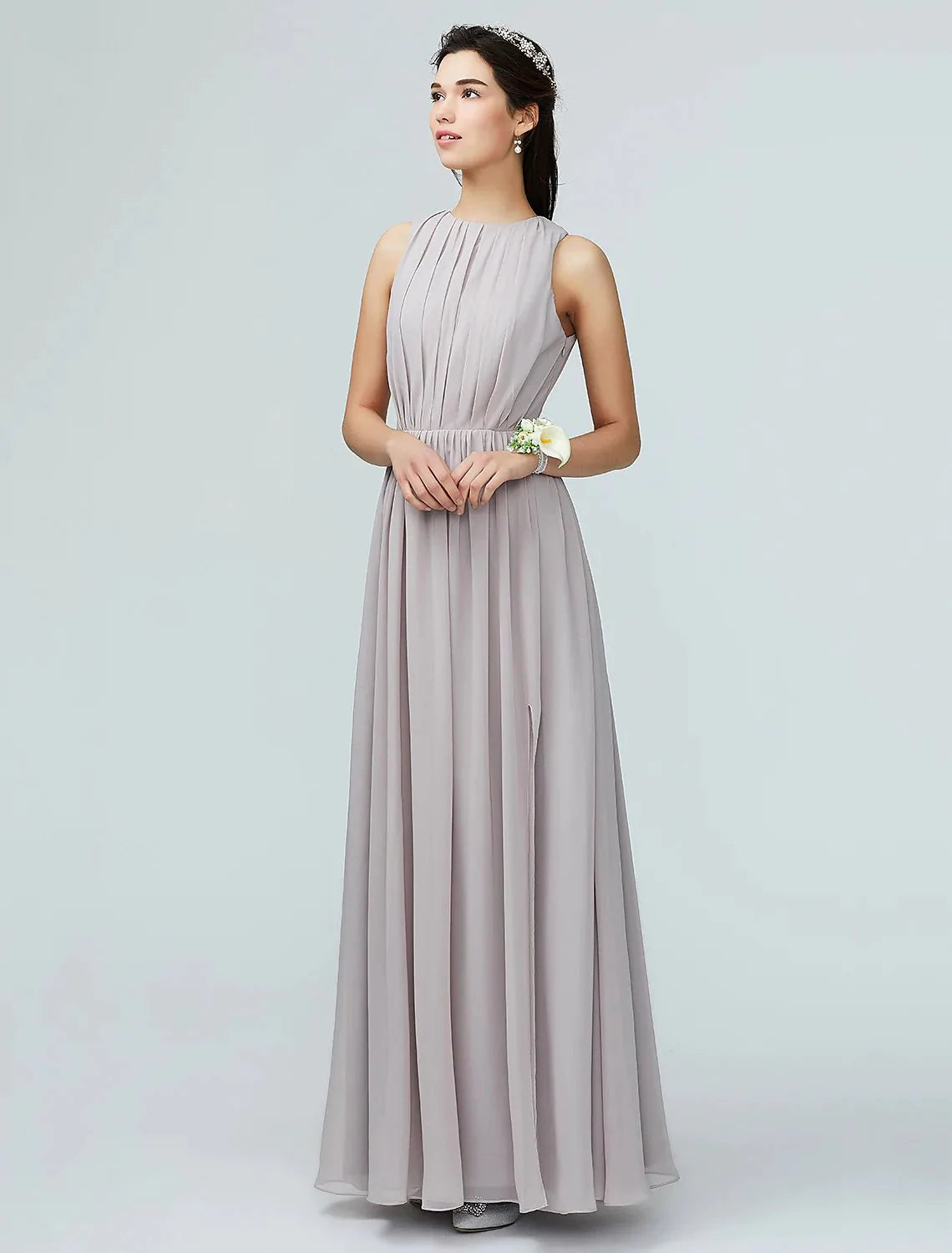 A-Line Bridesmaid Dress Jewel Neck Sleeveless Furcal Floor Length Chiffon with Pleats / Split Front - RongMoon