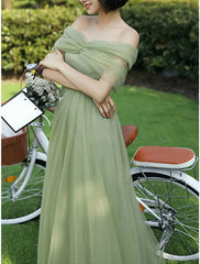 A-Line Bridesmaid Dress Off Shoulder Short Sleeve Elegant Floor Length Tulle with Ruching - RongMoon