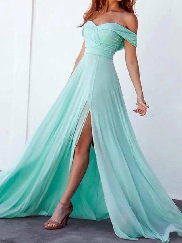 A-Line Bridesmaid Dress Off Shoulder Short Sleeve Elegant Sweep / Brush Train Chiffon with Split Front / Solid Color 2022 #9338731 - RongMoon
