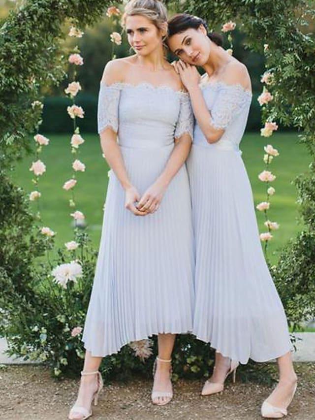 A-Line Bridesmaid Dress Off Shoulder Short Sleeve Elegant Tea Length Chiffon with Lace - RongMoon
