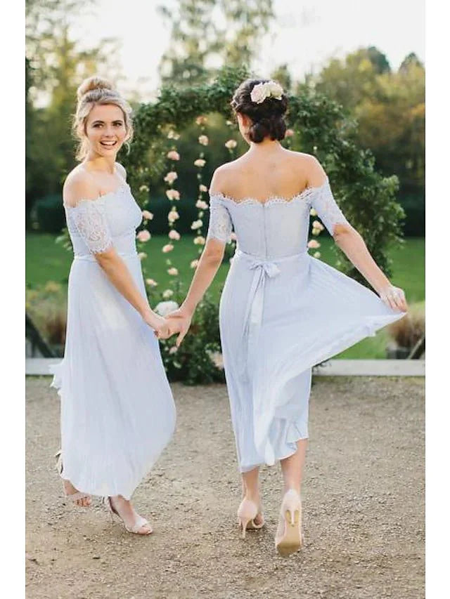 A-Line Bridesmaid Dress Off Shoulder Short Sleeve Elegant Tea Length Chiffon with Lace - RongMoon