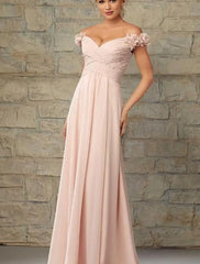 A-Line Bridesmaid Dress Off Shoulder Sleeveless Elegant Floor Length Chiffon with Pleats - RongMoon