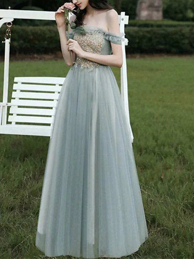 A-Line Bridesmaid Dress Off Shoulder Sleeveless Elegant Floor Length Lace / Tulle with Sequin / Appliques - RongMoon