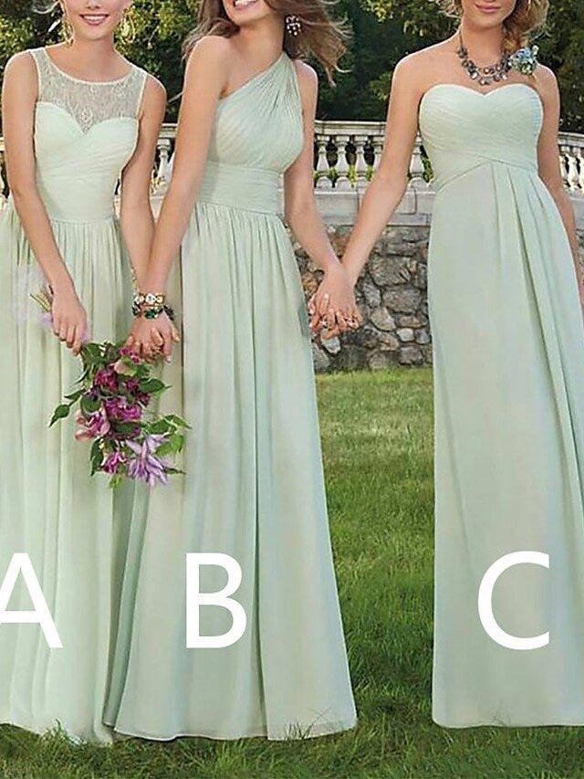 A-Line Bridesmaid Dress One Shoulder / Jewel Neck / Strapless Sleeveless Elegant Floor Length Chiffon with Pleats - RongMoon
